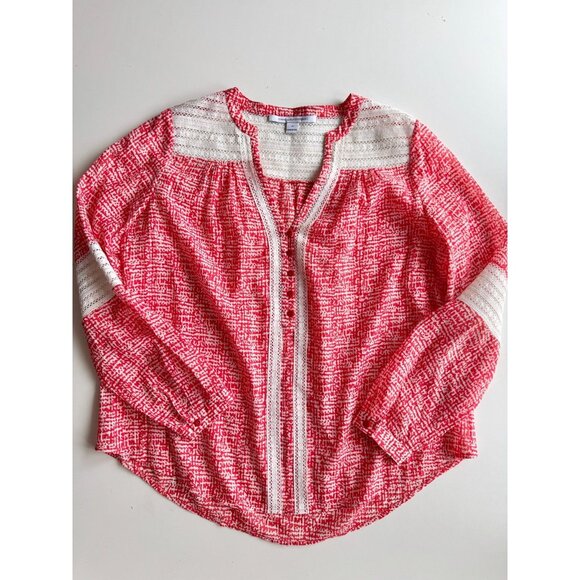 DVF DIANE VON FURSTENBERG Gaylen Red Silk Cotton Lace Trim Tunic Blouse, Size 10 - Picture 2 of 14